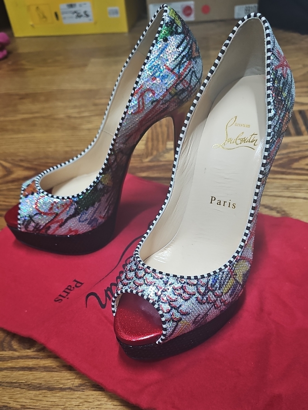 Christian Louboutin Multicolor Sequin Peep-Toe Platform Pumps with Red Accents